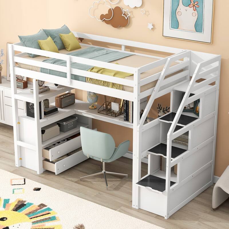 Pine Wood Twin Size Loft Bed with Desk, Shelves, and Drawers