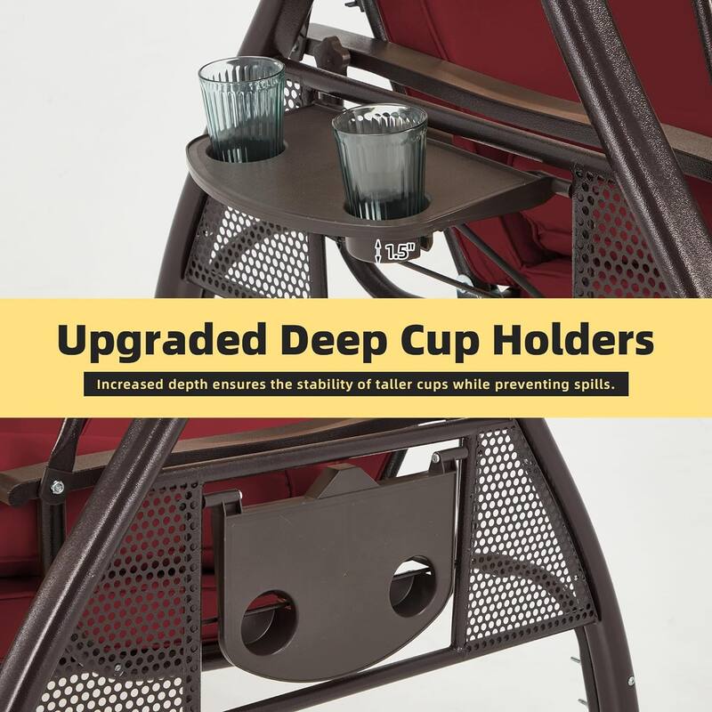 Outdoor 3-Seat Porch Swing with Adjustable Canopy & Cup Holder,Porch Swing Glider Chair, Heavy-Duty Steel Frame