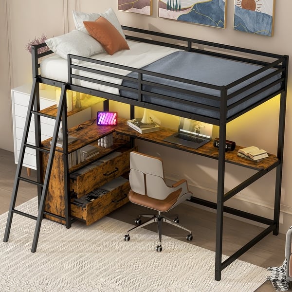 slide 2 of 9, Twin Size Metal&Wood Loft Bed with Desk and Shelves, Two Built-in Drawers, LED Light and USB Charging Station, Black Black