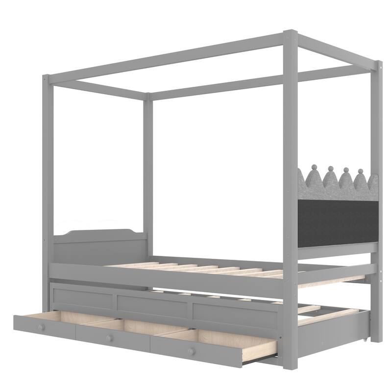 Twin Platform Bed with Upholstered Headboard, Twin Size Trundle and 3 Drawers, Princess Canopy Bed Frame for Kids