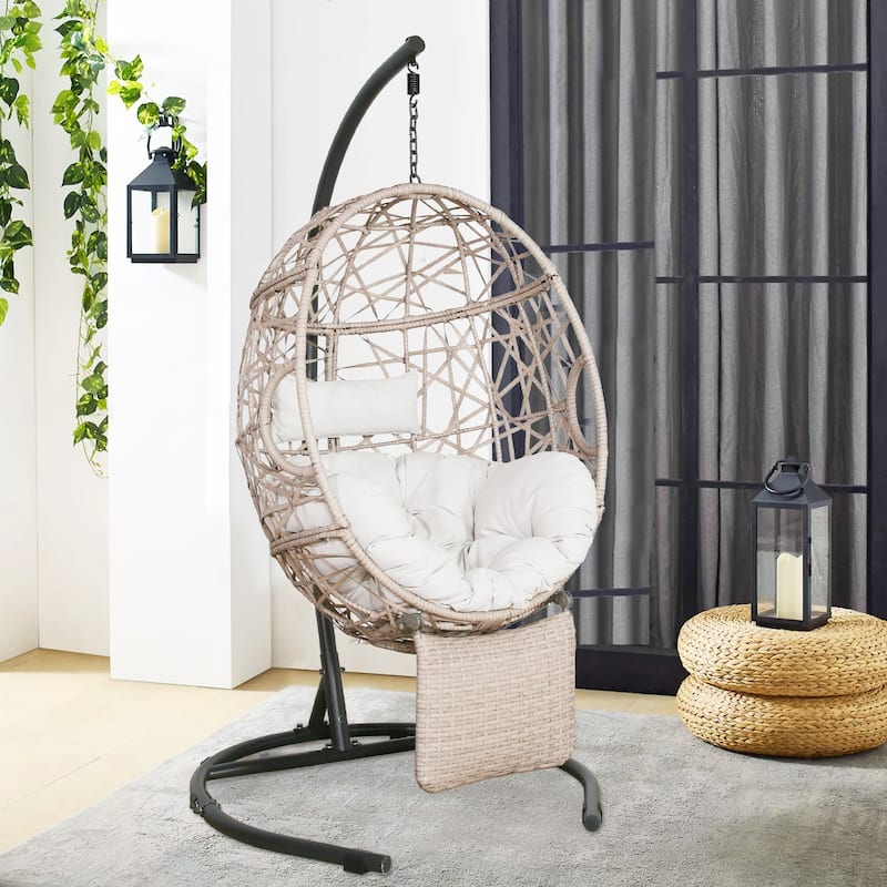 Outdoor Patio Wicker Hanging Basket Swing Chair - Beige