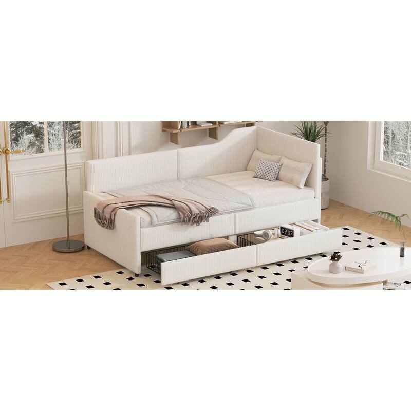 Pink Twin L-Shaped Upholstered Daybed with Corduroy Fabric and 2 Storage Drawers, Space-Saving Platform Bed Frame