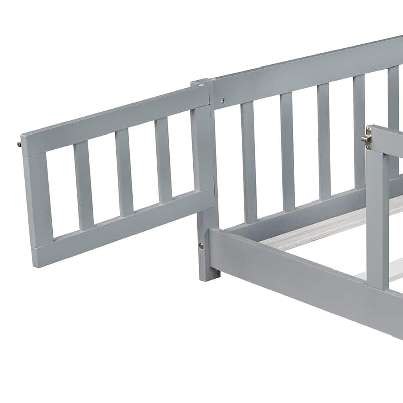 Full Size Floor Bed with Fence and Door,Rubber Wood Floor Bed with Safety Guardrails