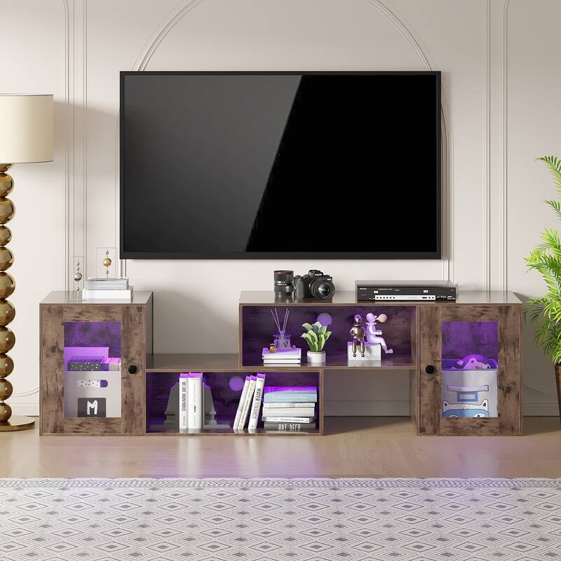VECELO TV Stand with LED Lights & Power Outlets, Storage Shelves - 55 inches