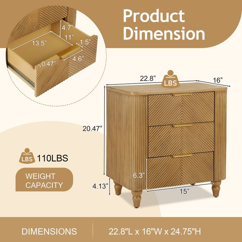 22.8 in Mid-Century Fluted three Drawers Nightstand
