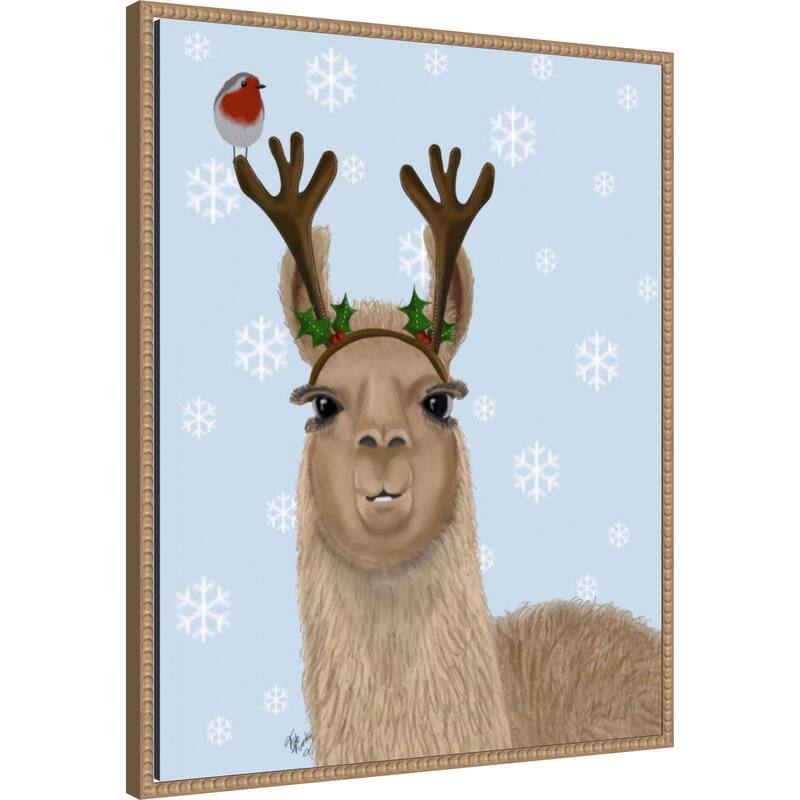 Llama Antlers by Fab Funky (23 x 28 in.), Framed Canvas Wall Art Print - Sylvie Beaded Rustic Natural