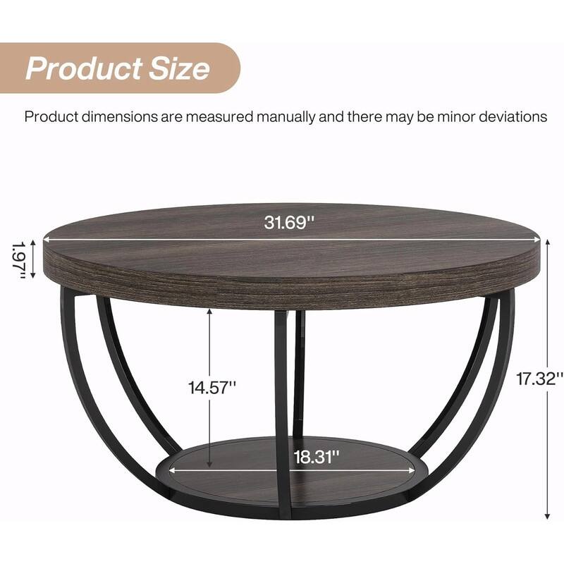 Round 2-Tier Wood Coffee Table with Metal Base for Living Room