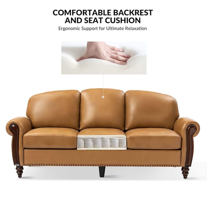 Eduard 84" Traditional Genuine Leather Sofa with Carved Wood Legs by HULALA HOME