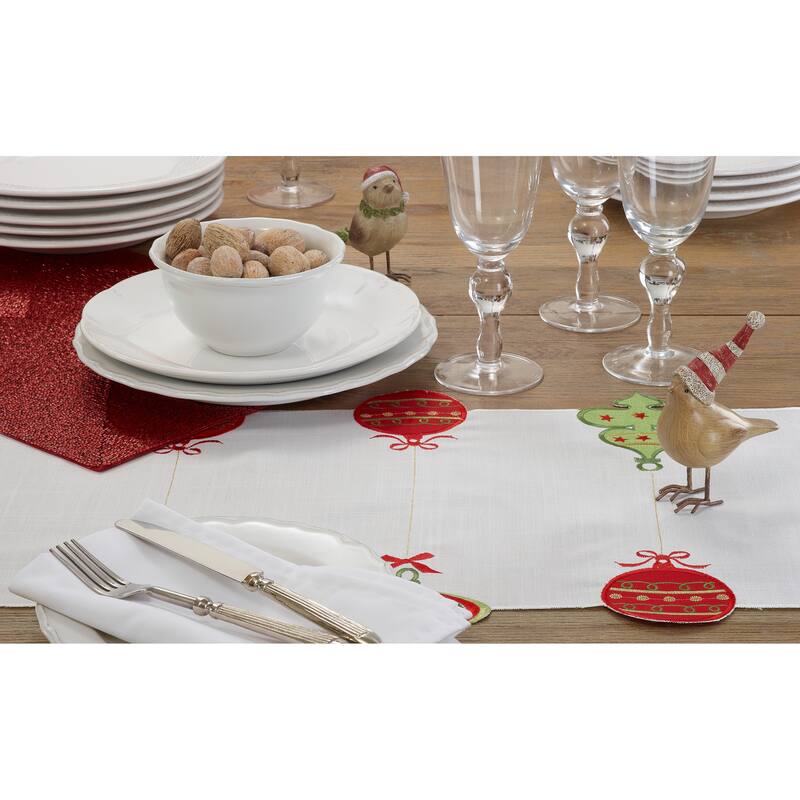 Christmas Table Runner With Embroidered Ornaments - 16"x72"