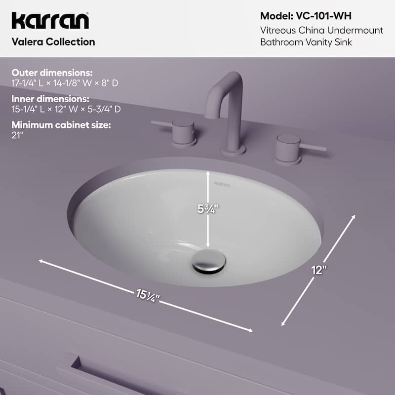 Karran 17-3/8" Undermount Vitreous China Bathroom Sink In White