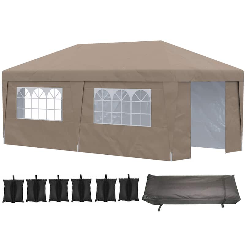 10' x 19.5' Adjustable Pop-Up Canopy Tent with Sidewalls, Leg Weights, and Wheeled Carry Bag for Outdoor Events - Brown