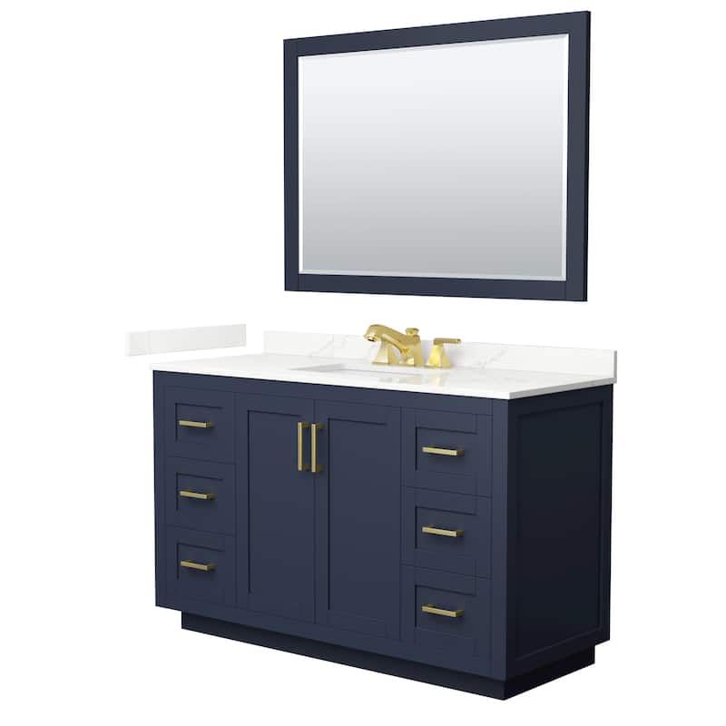Miranda 54-inch Single Vanity, Quartz Top, 46-inch Mirror - Dark Blue, Gold Trim, Giotto Quartz Top