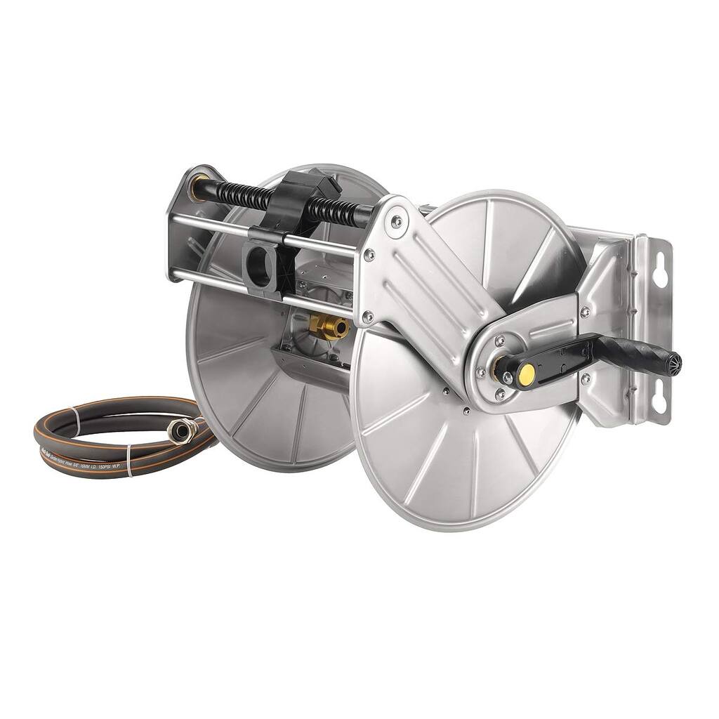 Stainless Steel Garden Hose Reel, Wall/Floor Mounted Metal Water Hose Reel Retractable with Crank, 150 Ft 5/8" Hose Capacity