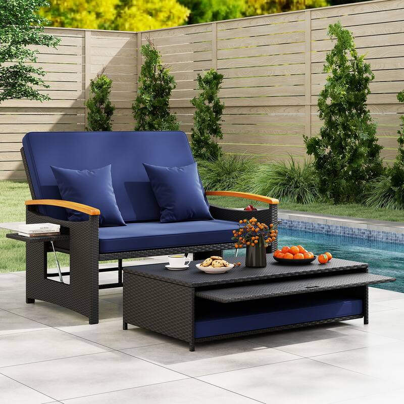 Gymax Patio Rattan Daybed Set w/Cushioned Loveseat & Storage Ottoman