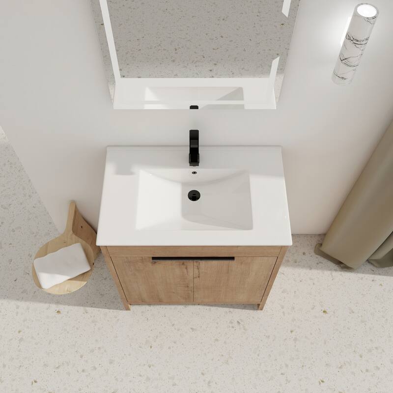 Freestanding Bathroom Vanity with Ceramic Sink, Adjustable Shelf, Metal Handles, Soft Closing Hinges - 30in L Plywood