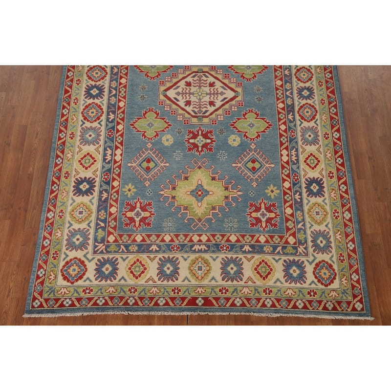 Blue Traditional / Geometric Kazak Area Rug Handmade Wool Carpet - 5'11" x 9'5"