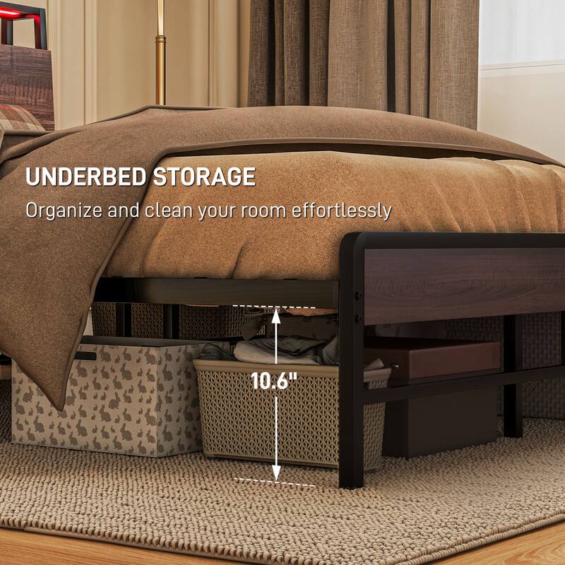 Walnut Platform Bed Frame with USB Charging and RGB LED Lights 3-Tier Storage and Noise-Reducing Mats