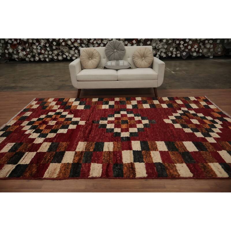 Hand Knotted Oriental 100% Wool Carpet Modern Geometric Red Moroccan Area Rug - 10' 2'' X 6' 9''