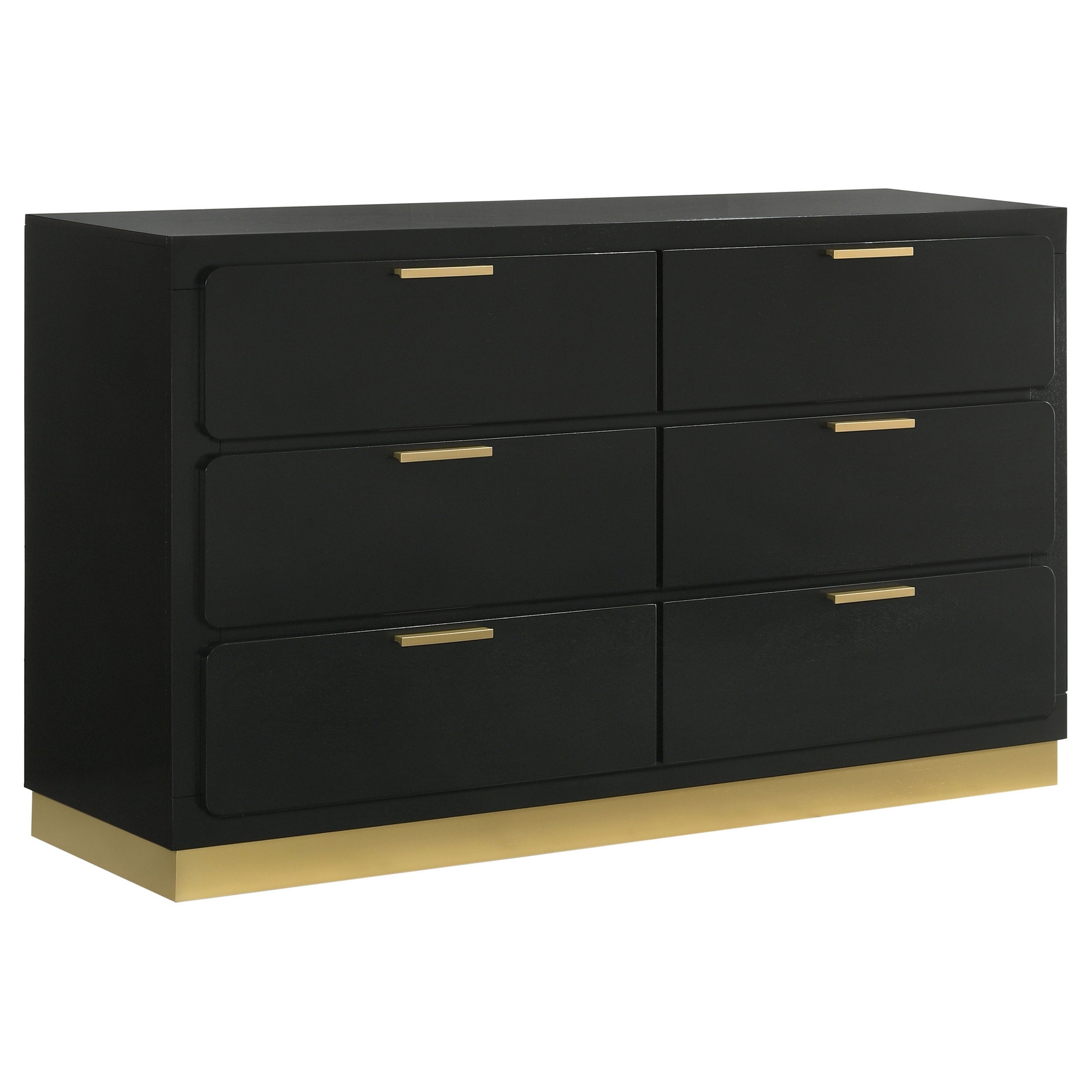 Caer Dresser, 6 Drawers, Gold Accent Recessed Base, Bar Handles, Black