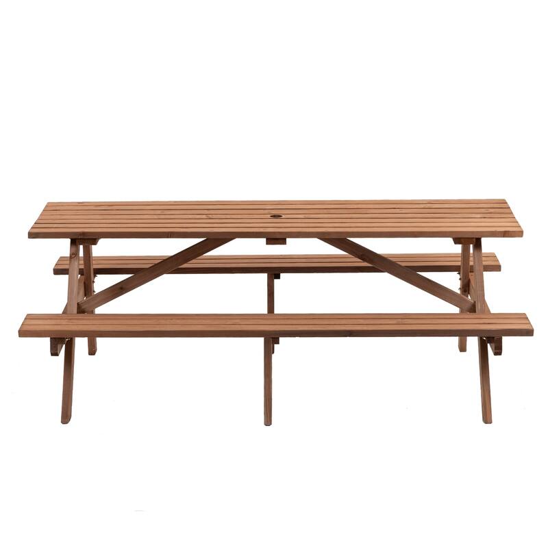 8 Person Wooden Picnic Table with 2 Benches and Umbrella Hole