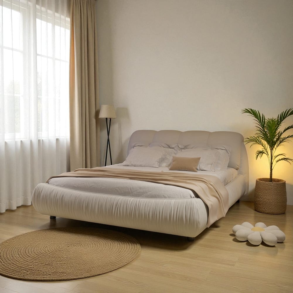 Queen/King Size Luxury Upholstered Platform Bed with Oversized Padded Headboard, Solid Wood Frame & Adjustable Mattress Height