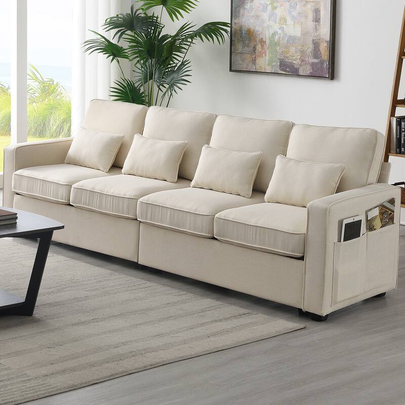 4-seater Modern Linen Fabric Sofa with Armrest Pockets and 4 Pillows, Minimalist Upholstered Living Room Sofa with Soft Armrests