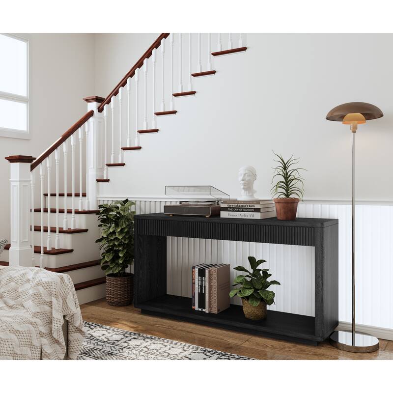 60" Modern 2-Drawer Fluted Natural Wood Veneer Console Table