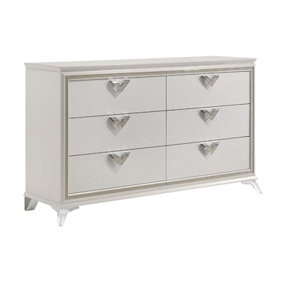 Dery 65 Inch Dresser, 6 Drawers Chrome Triangle Handle, White and Gold