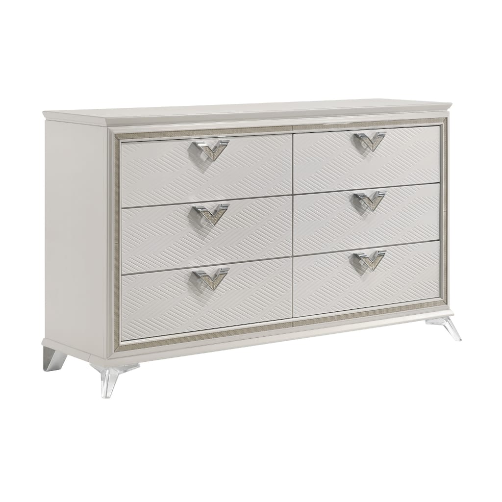Dery 65 Inch Dresser, 6 Drawers Chrome Triangle Handle, White and Gold