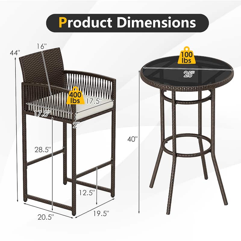 3-Piece Outdoor Patio Mix Brown Rattan Bar Set with Tempered Glass Table and Cushioned Chairs - 20.5" x 19.5" x 44"