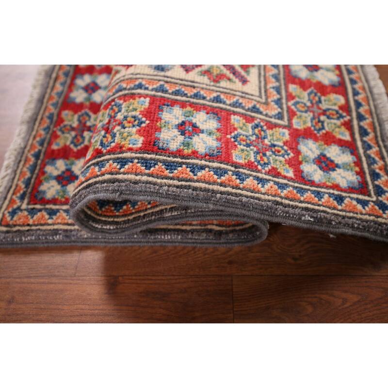 Geometric Kazak Accent Rug Handmade Grey Wool Carpet - 2'1" x 2'11"