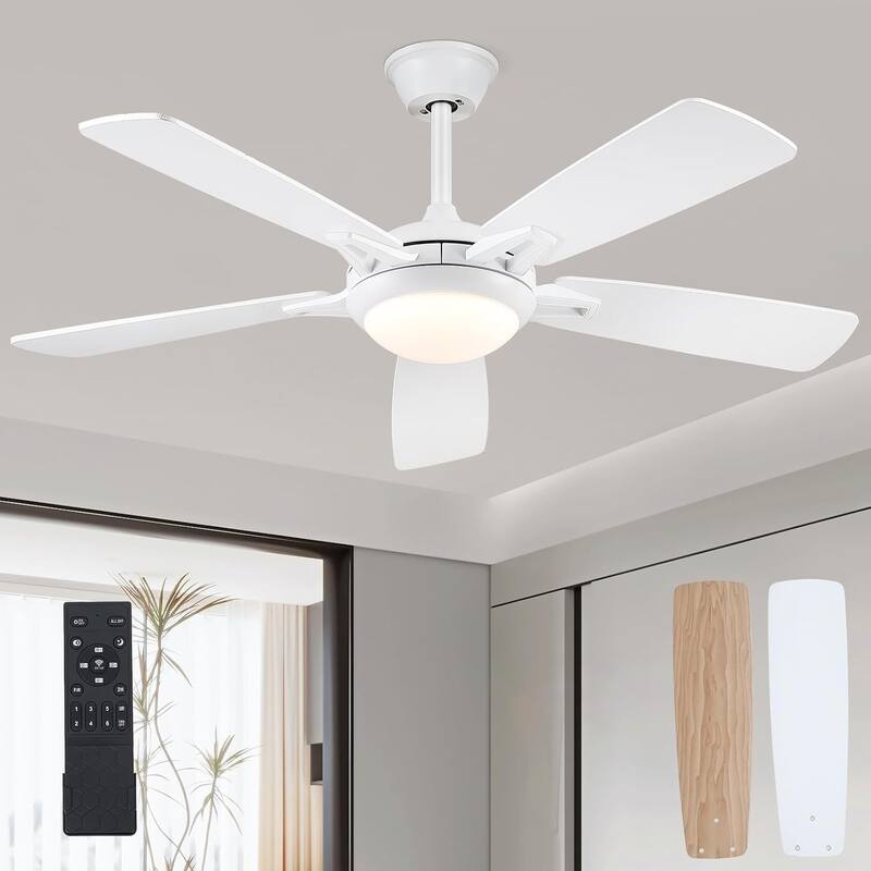 52" Downrod Ceiling Fan with Light and Remote,Reversible DC Motor,5 Plywood Dual Side Blades - 52 Inches - White