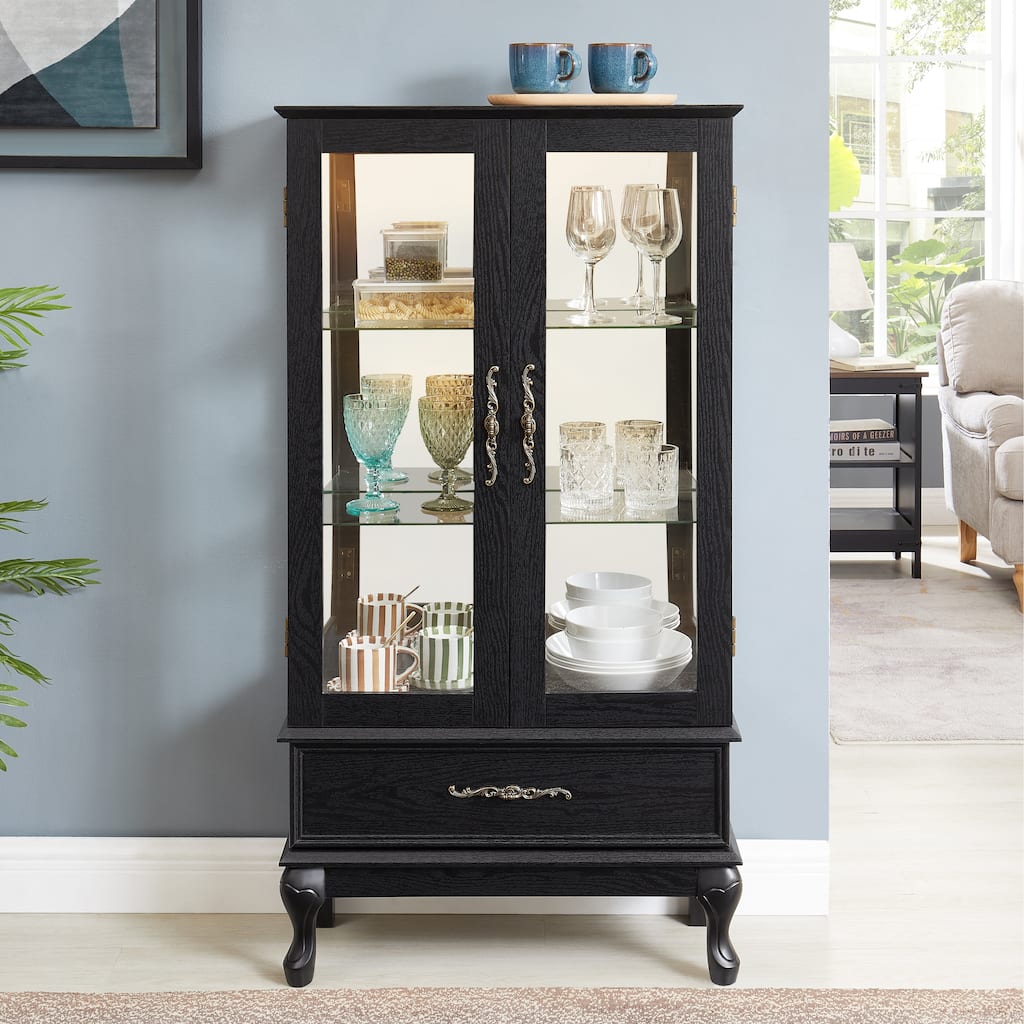 Lighted Curio Cabinet with Glass Doors and Adjustable Shelves 2 Door Cabinet Display Curio Cabinet with LED Lights and Drawer