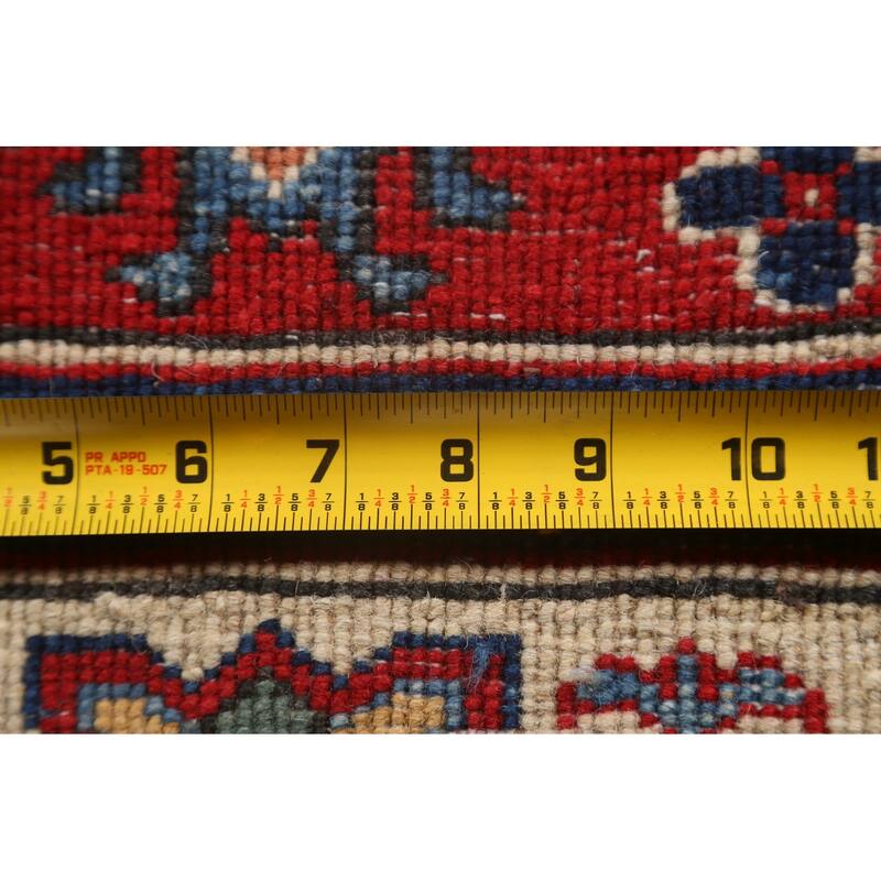 Red Geometric Kazak Oriental Wool Runner Rug Handmade Hallway Carpet - 2'8" x 9'9"