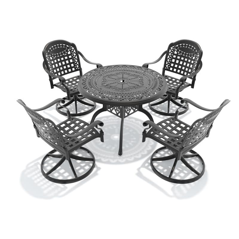 5-Piece Aluminum Round Outdoor Patio Dining Set, 4 Cushioned Swivel Chairs, Table, All-Weather Frames