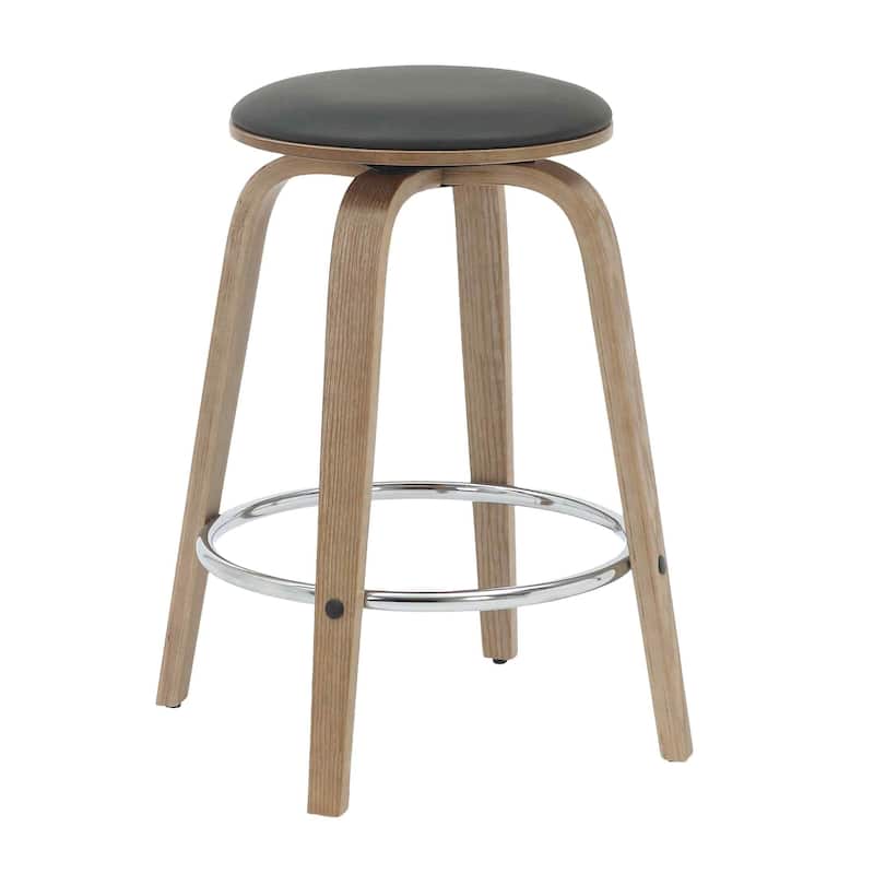 Leather Counter Stool Swivel Round Seat Poplar Wood Frame Iron Foot Rest