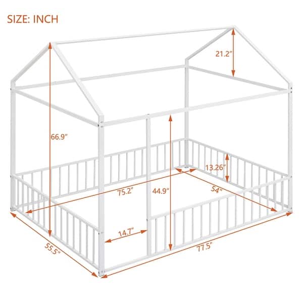 dimension image slide 1 of 3, Full Size Metal Bed House Bed Frame with Fence for Kids