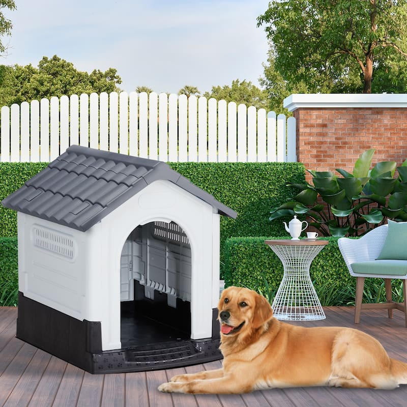 Plastic Dog House with Air Vents, Elevated Floor, Insulated Outdoor Indoor Kennel for Small Dogs