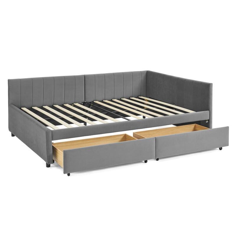 Full Size Velvet Upholstered Tufted Daybed with 2 Drawers, Backrest and Armrests