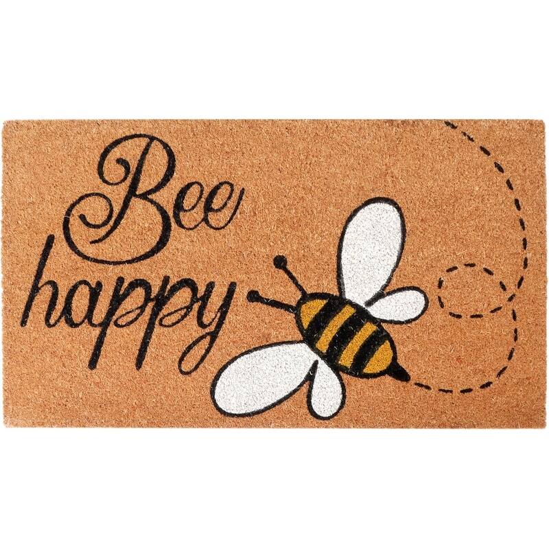 A1HC Natural Coco Coir Door Mat with Heavy Duty Non-Slip PVC Backing - 18" x 30" - Easy to Clean - Bee Happy