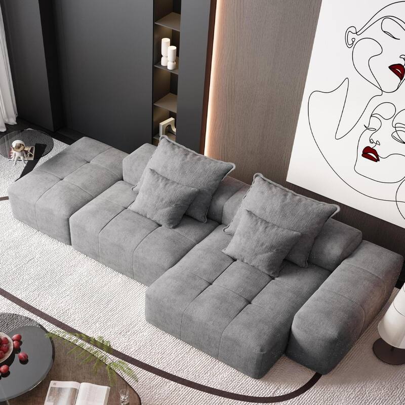 Oversized Modular Chenille Sectional Sofa with Ottoman, Chaise Lounge, 1 Armrest and 4 Pillows for Living Room