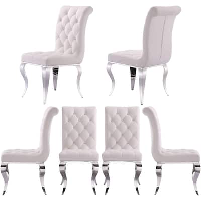 Luxury White Velvet Dining Chairs with Crystal Decor Button Tufted Back and Mirrored Silver Legs