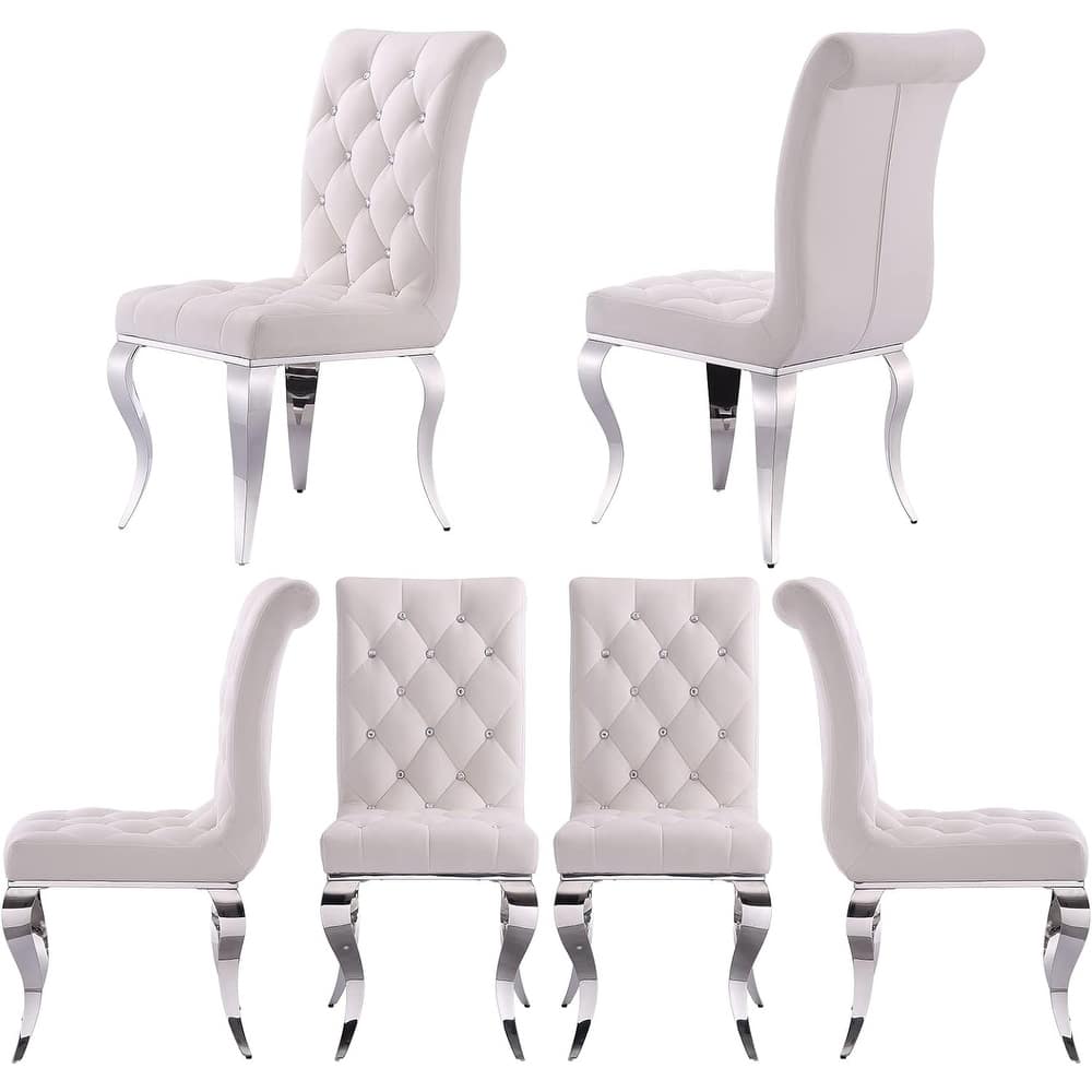 Luxury White Velvet Dining Chairs with Crystal Decor Button Tufted Back and Mirrored Silver Legs
