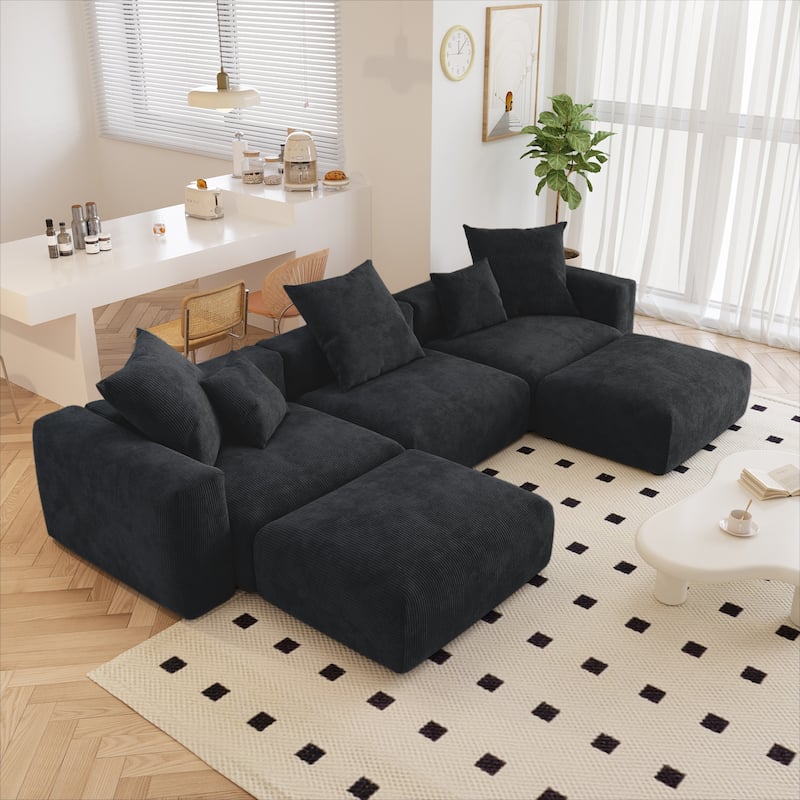 Modern Corduroy Upholstered Sofa, 4-seater, L-Shaped Sectional Sofa - Black-5 seats