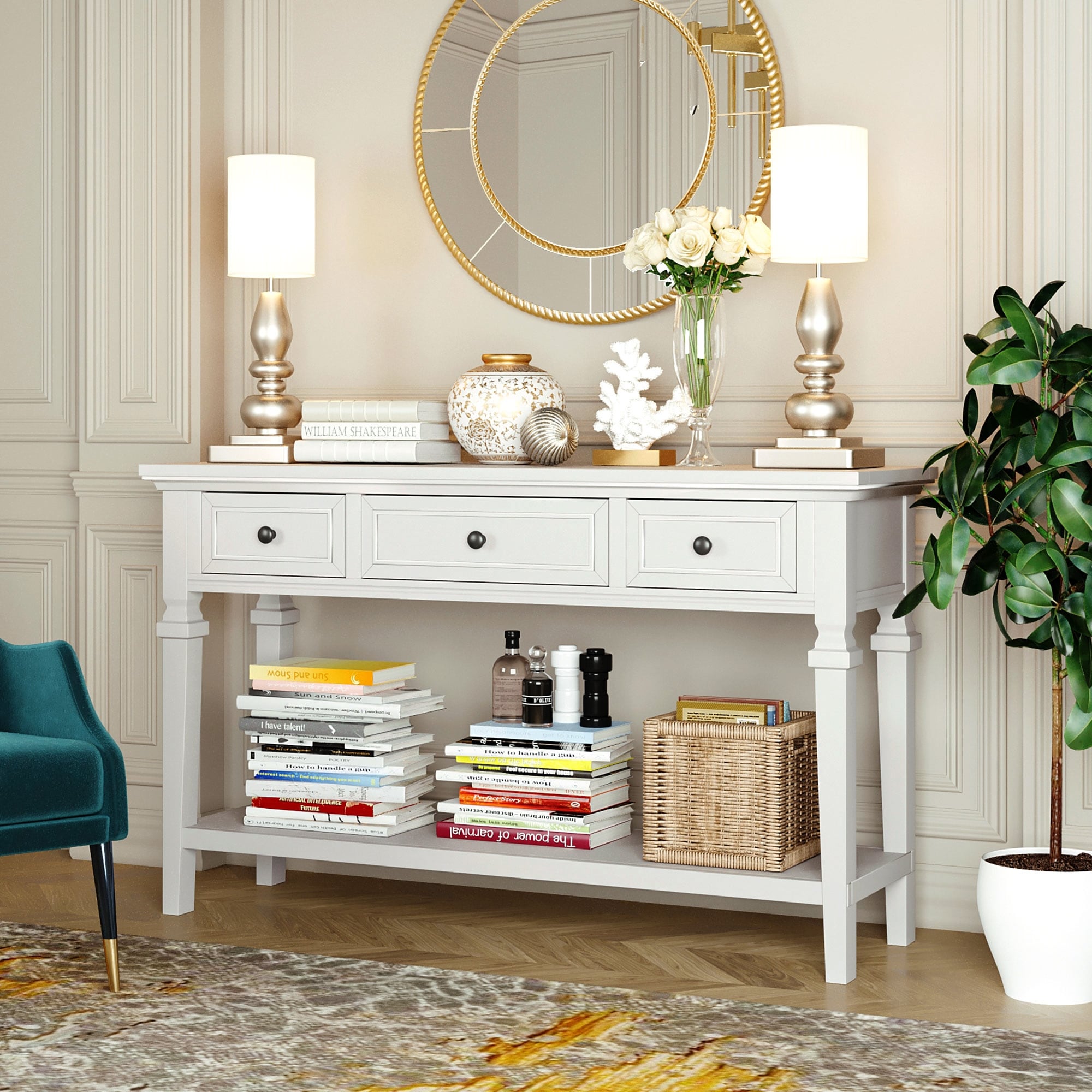 Antique White 50" Console Table with Drawers, Bottom Shelf