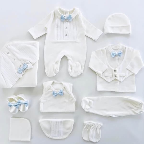 slide 2 of 10, White Newborn Homecoming Set with Black, Blue, Gray, or White Ties White and Blue