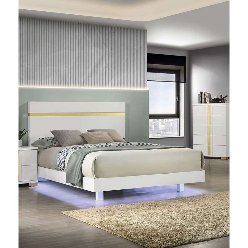 Queen Size Modern LED Bed with Acrylic Trim, Mattress Ready, White Finish