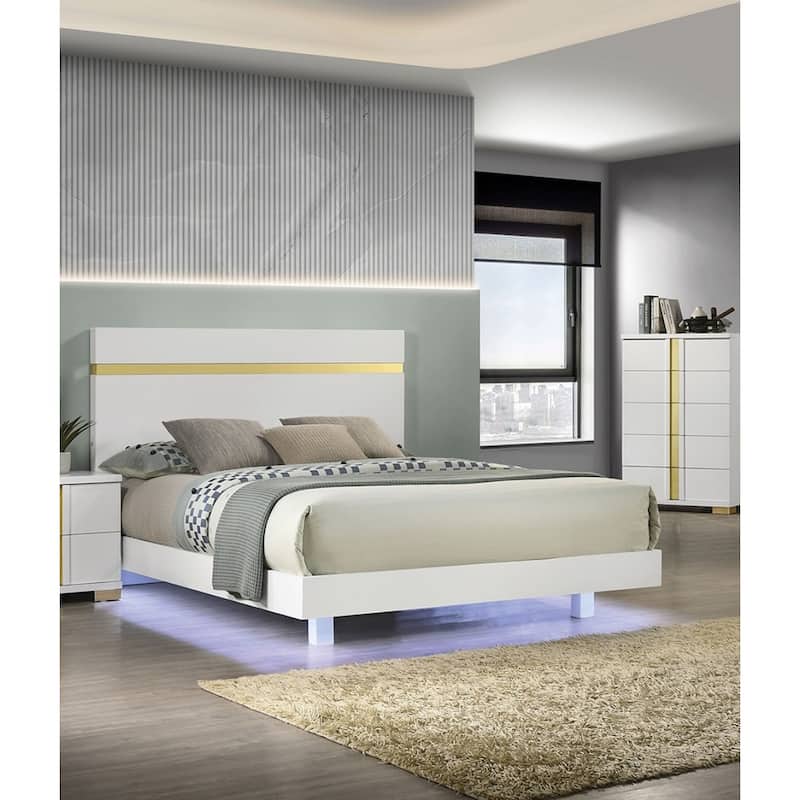 Queen Size Modern LED Bed with Acrylic Trim, Mattress Ready, White Finish - White
