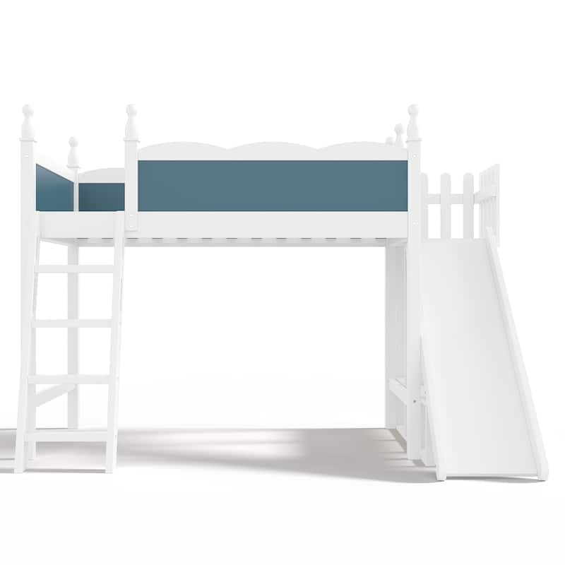 Twin Loft Bed with Storage Shelves and Wardrobe, Solid Wood Loft Beds with Detachable Slide and Ladders, No Spring Box Needed