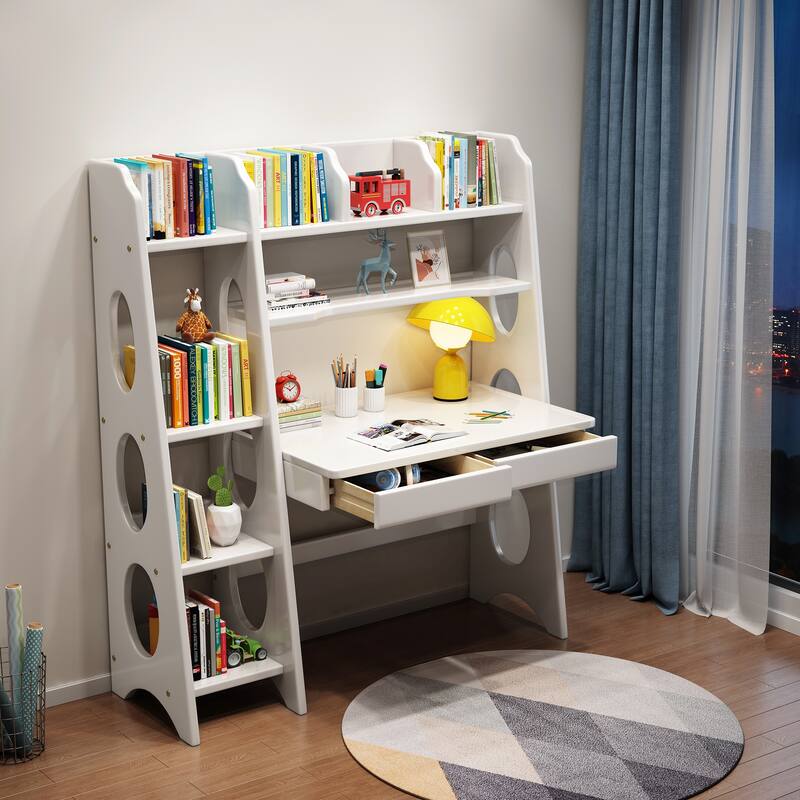 Natural Wood 2-Drawer Kids Desk with Hutch - White